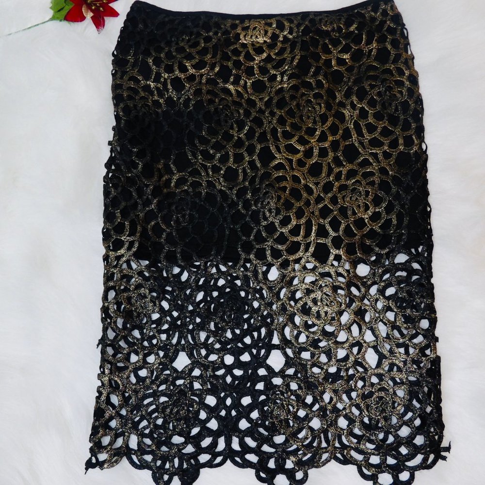 Gold and Black Metallic Mesh Pencil Skirt